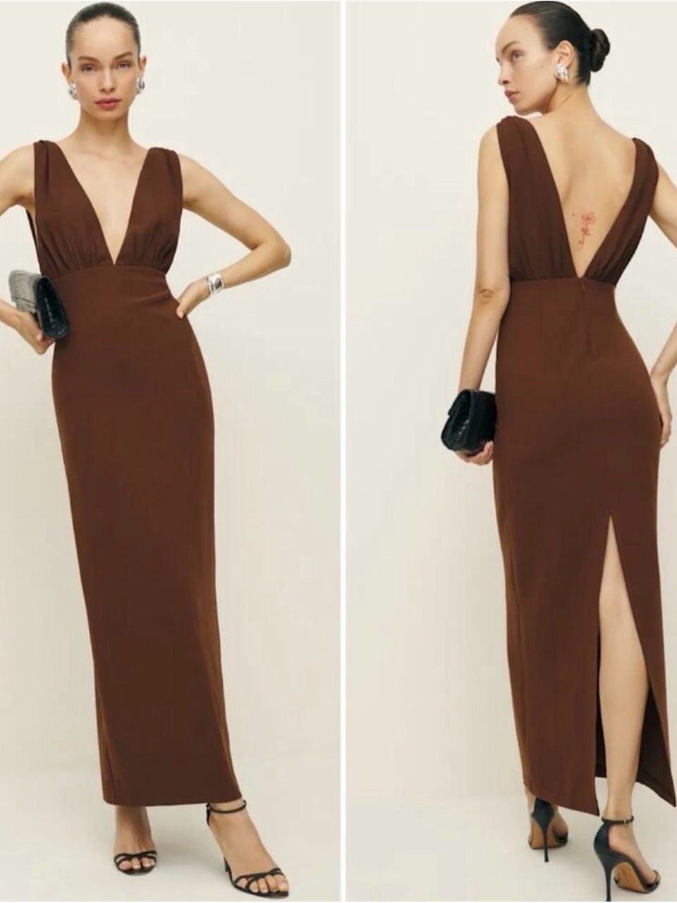 New Reformation Velda Chocolates Brown Plunge V-Back Dress, Size 2